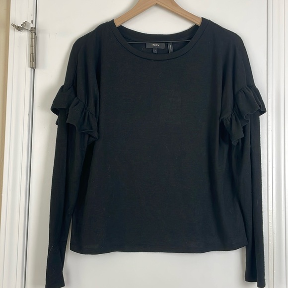 Theory Tops - Theory Long Sleeve Navy Ruffle Sleeve Shirt
